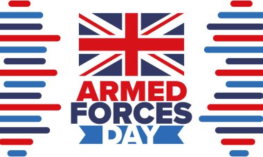 Birleşik Krallık 'ta Silahlı Kuvvetler Günü. Büyük Britanya bayrağı. Gaziler ve Anma Günü. Silahlı kuvvetleri onurlandırma tatili. İngiliz bayrağı. Ordu Günü. Yaratıcı sanat posteri. Vektör illüstrasyonu