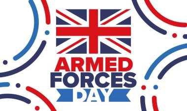 Birleşik Krallık 'ta Silahlı Kuvvetler Günü. Büyük Britanya bayrağı. Gaziler ve Anma Günü. Silahlı kuvvetleri onurlandırma tatili. İngiliz bayrağı. Ordu Günü. Yaratıcı sanat posteri. Vektör illüstrasyonu