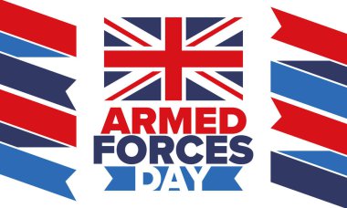 Birleşik Krallık 'ta Silahlı Kuvvetler Günü. Büyük Britanya bayrağı. Gaziler ve Anma Günü. Silahlı kuvvetleri onurlandırma tatili. İngiliz bayrağı. Ordu Günü. Yaratıcı sanat posteri. Vektör illüstrasyonu