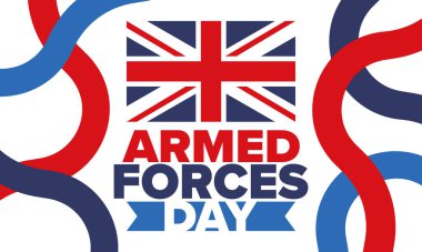 Birleşik Krallık 'ta Silahlı Kuvvetler Günü. Büyük Britanya bayrağı. Gaziler ve Anma Günü. Silahlı kuvvetleri onurlandırma tatili. İngiliz bayrağı. Ordu Günü. Yaratıcı sanat posteri. Vektör illüstrasyonu