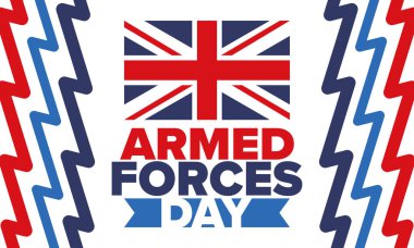 Birleşik Krallık 'ta Silahlı Kuvvetler Günü. Büyük Britanya bayrağı. Gaziler ve Anma Günü. Silahlı kuvvetleri onurlandırma tatili. İngiliz bayrağı. Ordu Günü. Yaratıcı sanat posteri. Vektör illüstrasyonu