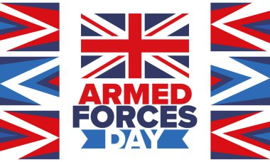 Birleşik Krallık 'ta Silahlı Kuvvetler Günü. Büyük Britanya bayrağı. Gaziler ve Anma Günü. Silahlı kuvvetleri onurlandırma tatili. İngiliz bayrağı. Ordu Günü. Yaratıcı sanat posteri. Vektör illüstrasyonu