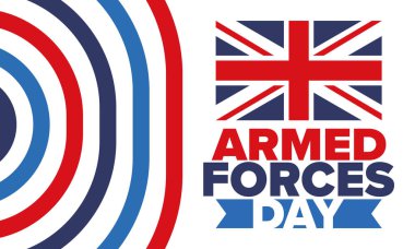 Birleşik Krallık 'ta Silahlı Kuvvetler Günü. Büyük Britanya bayrağı. Gaziler ve Anma Günü. Silahlı kuvvetleri onurlandırma tatili. İngiliz bayrağı. Ordu Günü. Yaratıcı sanat posteri. Vektör illüstrasyonu