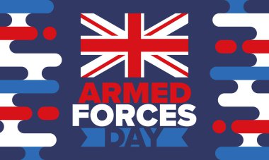 Birleşik Krallık 'ta Silahlı Kuvvetler Günü. Büyük Britanya bayrağı. Gaziler ve Anma Günü. Silahlı kuvvetleri onurlandırma tatili. İngiliz bayrağı. Ordu Günü. Yaratıcı sanat posteri. Vektör illüstrasyonu