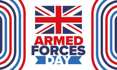 Birleşik Krallık 'ta Silahlı Kuvvetler Günü. Büyük Britanya bayrağı. Gaziler ve Anma Günü. Silahlı kuvvetleri onurlandırma tatili. İngiliz bayrağı. Ordu Günü. Yaratıcı sanat posteri. Vektör illüstrasyonu