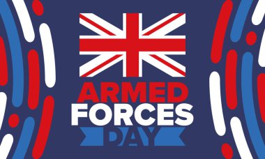 Birleşik Krallık 'ta Silahlı Kuvvetler Günü. Büyük Britanya bayrağı. Gaziler ve Anma Günü. Silahlı kuvvetleri onurlandırma tatili. İngiliz bayrağı. Ordu Günü. Yaratıcı sanat posteri. Vektör illüstrasyonu