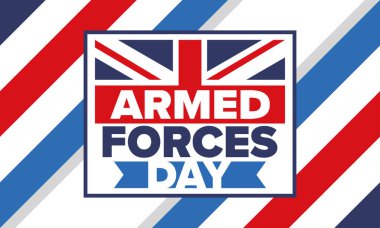 Birleşik Krallık 'ta Silahlı Kuvvetler Günü. Büyük Britanya bayrağı. Gaziler ve Anma Günü. Silahlı kuvvetleri onurlandırma tatili. İngiliz bayrağı. Ordu Günü. Yaratıcı sanat posteri. Vektör illüstrasyonu