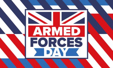 Birleşik Krallık 'ta Silahlı Kuvvetler Günü. Büyük Britanya bayrağı. Gaziler ve Anma Günü. Silahlı kuvvetleri onurlandırma tatili. İngiliz bayrağı. Ordu Günü. Yaratıcı sanat posteri. Vektör illüstrasyonu