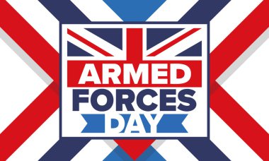 Birleşik Krallık 'ta Silahlı Kuvvetler Günü. Büyük Britanya bayrağı. Gaziler ve Anma Günü. Silahlı kuvvetleri onurlandırma tatili. İngiliz bayrağı. Ordu Günü. Yaratıcı sanat posteri. Vektör illüstrasyonu