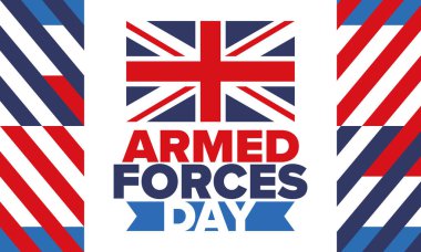 Birleşik Krallık 'ta Silahlı Kuvvetler Günü. Büyük Britanya bayrağı. Gaziler ve Anma Günü. Silahlı kuvvetleri onurlandırma tatili. İngiliz bayrağı. Ordu Günü. Yaratıcı sanat posteri. Vektör illüstrasyonu