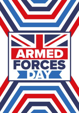 Birleşik Krallık 'ta Silahlı Kuvvetler Günü. Büyük Britanya bayrağı. Gaziler ve Anma Günü. Silahlı kuvvetleri onurlandırma tatili. İngiliz bayrağı. Ordu Günü. Yaratıcı sanat posteri. Vektör illüstrasyonu