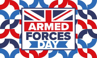 Birleşik Krallık 'ta Silahlı Kuvvetler Günü. Büyük Britanya bayrağı. Gaziler ve Anma Günü. Silahlı kuvvetleri onurlandırma tatili. İngiliz bayrağı. Ordu Günü. Yaratıcı sanat posteri. Vektör illüstrasyonu