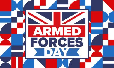 Birleşik Krallık 'ta Silahlı Kuvvetler Günü. Büyük Britanya bayrağı. Gaziler ve Anma Günü. Silahlı kuvvetleri onurlandırma tatili. İngiliz bayrağı. Ordu Günü. Yaratıcı sanat posteri. Vektör illüstrasyonu