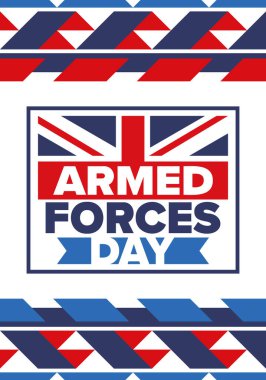 Birleşik Krallık 'ta Silahlı Kuvvetler Günü. Büyük Britanya bayrağı. Gaziler ve Anma Günü. Silahlı kuvvetleri onurlandırma tatili. İngiliz bayrağı. Ordu Günü. Yaratıcı sanat posteri. Vektör illüstrasyonu