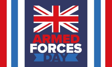 Birleşik Krallık 'ta Silahlı Kuvvetler Günü. Büyük Britanya bayrağı. Gaziler ve Anma Günü. Silahlı kuvvetleri onurlandırma tatili. İngiliz bayrağı. Ordu Günü. Yaratıcı sanat posteri. Vektör illüstrasyonu