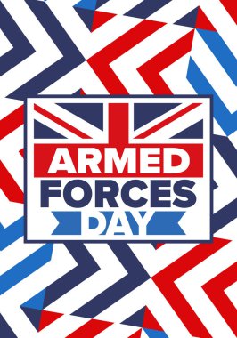 Birleşik Krallık 'ta Silahlı Kuvvetler Günü. Büyük Britanya bayrağı. Gaziler ve Anma Günü. Silahlı kuvvetleri onurlandırma tatili. İngiliz bayrağı. Ordu Günü. Yaratıcı sanat posteri. Vektör illüstrasyonu