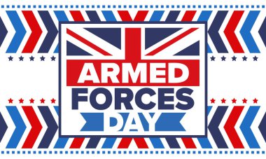 Birleşik Krallık 'ta Silahlı Kuvvetler Günü. Büyük Britanya bayrağı. Gaziler ve Anma Günü. Silahlı kuvvetleri onurlandırma tatili. İngiliz bayrağı. Ordu Günü. Yaratıcı sanat posteri. Vektör illüstrasyonu