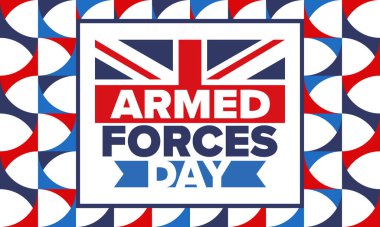 Birleşik Krallık 'ta Silahlı Kuvvetler Günü. Büyük Britanya bayrağı. Gaziler ve Anma Günü. Silahlı kuvvetleri onurlandırma tatili. İngiliz bayrağı. Ordu Günü. Yaratıcı sanat posteri. Vektör illüstrasyonu