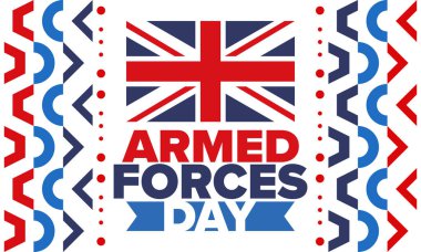 Birleşik Krallık 'ta Silahlı Kuvvetler Günü. Büyük Britanya bayrağı. Gaziler ve Anma Günü. Silahlı kuvvetleri onurlandırma tatili. İngiliz bayrağı. Ordu Günü. Yaratıcı sanat posteri. Vektör illüstrasyonu