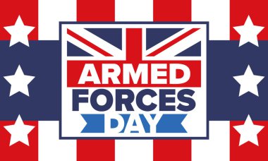 Birleşik Krallık 'ta Silahlı Kuvvetler Günü. Büyük Britanya bayrağı. Gaziler ve Anma Günü. Silahlı kuvvetleri onurlandırma tatili. İngiliz bayrağı. Ordu Günü. Yaratıcı sanat posteri. Vektör illüstrasyonu