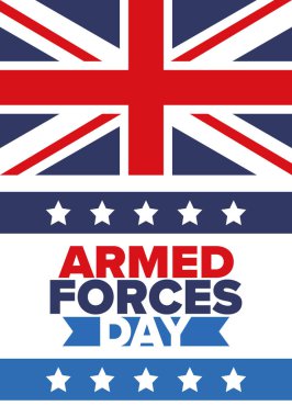 Birleşik Krallık 'ta Silahlı Kuvvetler Günü. Büyük Britanya bayrağı. Gaziler ve Anma Günü. Silahlı kuvvetleri onurlandırma tatili. İngiliz bayrağı. Ordu Günü. Yaratıcı sanat posteri. Vektör illüstrasyonu