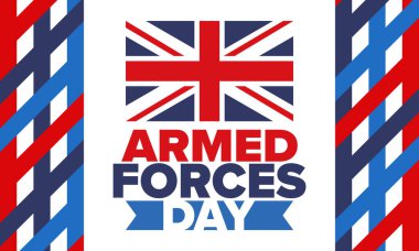 Birleşik Krallık 'ta Silahlı Kuvvetler Günü. Büyük Britanya bayrağı. Gaziler ve Anma Günü. Silahlı kuvvetleri onurlandırma tatili. İngiliz bayrağı. Ordu Günü. Yaratıcı sanat posteri. Vektör illüstrasyonu