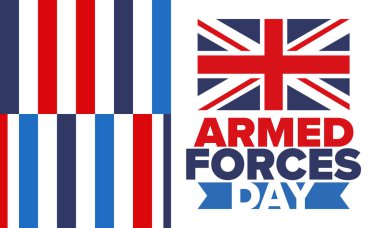 Birleşik Krallık 'ta Silahlı Kuvvetler Günü. Büyük Britanya bayrağı. Gaziler ve Anma Günü. Silahlı kuvvetleri onurlandırma tatili. İngiliz bayrağı. Ordu Günü. Yaratıcı sanat posteri. Vektör illüstrasyonu