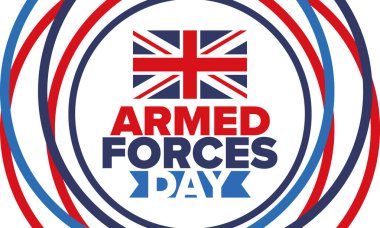 Birleşik Krallık 'ta Silahlı Kuvvetler Günü. Büyük Britanya bayrağı. Gaziler ve Anma Günü. Silahlı kuvvetleri onurlandırma tatili. İngiliz bayrağı. Ordu Günü. Yaratıcı sanat posteri. Vektör illüstrasyonu