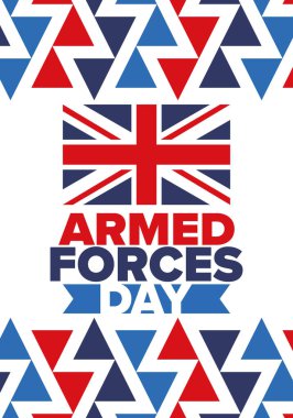 Birleşik Krallık 'ta Silahlı Kuvvetler Günü. Büyük Britanya bayrağı. Gaziler ve Anma Günü. Silahlı kuvvetleri onurlandırma tatili. İngiliz bayrağı. Ordu Günü. Yaratıcı sanat posteri. Vektör illüstrasyonu