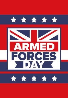 Birleşik Krallık 'ta Silahlı Kuvvetler Günü. Büyük Britanya bayrağı. Gaziler ve Anma Günü. Silahlı kuvvetleri onurlandırma tatili. İngiliz bayrağı. Ordu Günü. Yaratıcı sanat posteri. Vektör illüstrasyonu