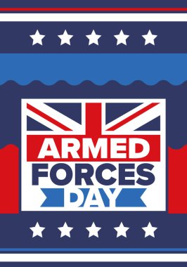 Birleşik Krallık 'ta Silahlı Kuvvetler Günü. Büyük Britanya bayrağı. Gaziler ve Anma Günü. Silahlı kuvvetleri onurlandırma tatili. İngiliz bayrağı. Ordu Günü. Yaratıcı sanat posteri. Vektör illüstrasyonu