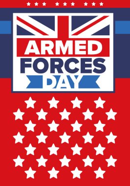 Birleşik Krallık 'ta Silahlı Kuvvetler Günü. Büyük Britanya bayrağı. Gaziler ve Anma Günü. Silahlı kuvvetleri onurlandırma tatili. İngiliz bayrağı. Ordu Günü. Yaratıcı sanat posteri. Vektör illüstrasyonu