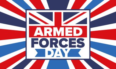 Birleşik Krallık 'ta Silahlı Kuvvetler Günü. Büyük Britanya bayrağı. Gaziler ve Anma Günü. Silahlı kuvvetleri onurlandırma tatili. İngiliz bayrağı. Ordu Günü. Yaratıcı sanat posteri. Vektör illüstrasyonu