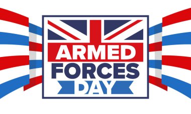 Birleşik Krallık 'ta Silahlı Kuvvetler Günü. Büyük Britanya bayrağı. Gaziler ve Anma Günü. Silahlı kuvvetleri onurlandırma tatili. İngiliz bayrağı. Ordu Günü. Yaratıcı sanat posteri. Vektör illüstrasyonu