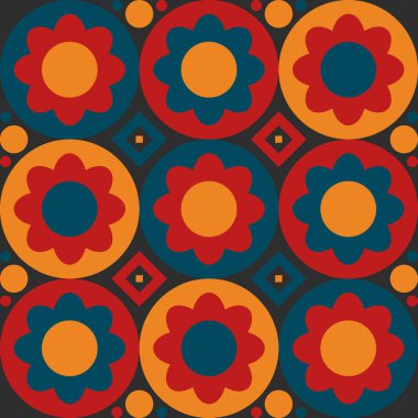 Güzel geometrik arka plan. Farklı şekillerde şekiller. Kabile formu. Çiçekler. Geometrik tasarım. Yaratıcı dokular. Renkli sanat. Modern grafik posteri. Retro renk. Vektör illüstrasyonu