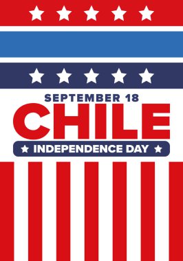 Şili Bağımsızlık Günü. Mutlu bayramlar Patrias. Özgürlük günü. Yıllığı 18 Eylül 'de kutlayın. Şili bayrağı. Vatansever Şili tasarımı. Poster, kart, afiş, şablon, geçmiş. Vektör