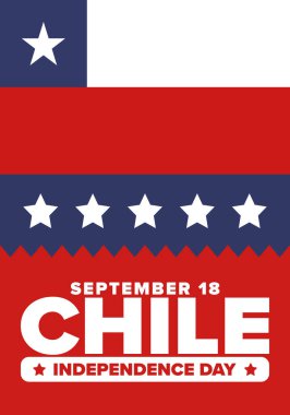 Şili Bağımsızlık Günü. Mutlu bayramlar Patrias. Özgürlük günü. Yıllığı 18 Eylül 'de kutlayın. Şili bayrağı. Vatansever Şili tasarımı. Poster, kart, afiş, şablon, geçmiş. Vektör