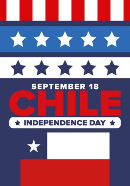 Şili Bağımsızlık Günü. Mutlu bayramlar Patrias. Özgürlük günü. Yıllığı 18 Eylül 'de kutlayın. Şili bayrağı. Vatansever Şili tasarımı. Poster, kart, afiş, şablon, geçmiş. Vektör