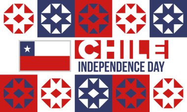 Şili Bağımsızlık Günü. Mutlu bayramlar Patrias. Özgürlük günü. Yıllığı 18 Eylül 'de kutlayın. Şili bayrağı. Vatansever Şili tasarımı. Poster, kart, afiş, şablon, geçmiş. Vektör