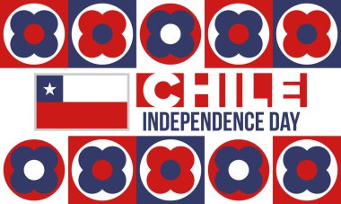 Şili Bağımsızlık Günü. Mutlu bayramlar Patrias. Özgürlük günü. Yıllığı 18 Eylül 'de kutlayın. Şili bayrağı. Vatansever Şili tasarımı. Poster, kart, afiş, şablon, geçmiş. Vektör