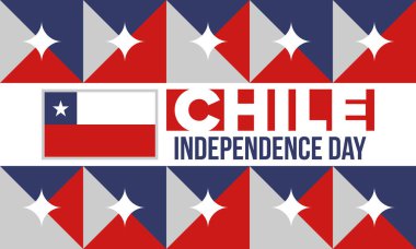 Şili Bağımsızlık Günü. Mutlu bayramlar Patrias. Özgürlük günü. Yıllığı 18 Eylül 'de kutlayın. Şili bayrağı. Vatansever Şili tasarımı. Poster, kart, afiş, şablon, geçmiş. Vektör