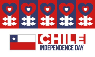 Şili Bağımsızlık Günü. Mutlu bayramlar Patrias. Özgürlük günü. Yıllığı 18 Eylül 'de kutlayın. Şili bayrağı. Vatansever Şili tasarımı. Poster, kart, afiş, şablon, geçmiş. Vektör