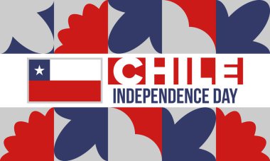 Şili Bağımsızlık Günü. Mutlu bayramlar Patrias. Özgürlük günü. Yıllığı 18 Eylül 'de kutlayın. Şili bayrağı. Vatansever Şili tasarımı. Poster, kart, afiş, şablon, geçmiş. Vektör