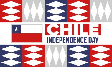 Şili Bağımsızlık Günü. Mutlu bayramlar Patrias. Özgürlük günü. Yıllığı 18 Eylül 'de kutlayın. Şili bayrağı. Vatansever Şili tasarımı. Poster, kart, afiş, şablon, geçmiş. Vektör