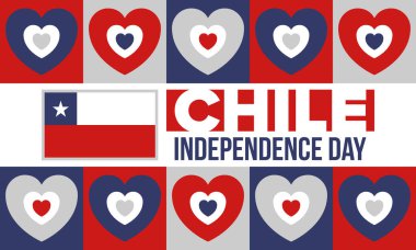 Şili Bağımsızlık Günü. Mutlu bayramlar Patrias. Özgürlük günü. Yıllığı 18 Eylül 'de kutlayın. Şili bayrağı. Vatansever Şili tasarımı. Poster, kart, afiş, şablon, geçmiş. Vektör