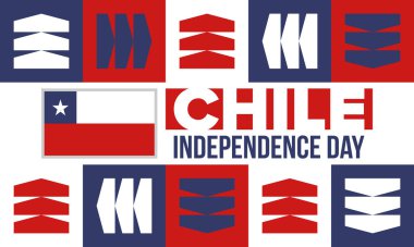 Şili Bağımsızlık Günü. Mutlu bayramlar Patrias. Özgürlük günü. Yıllığı 18 Eylül 'de kutlayın. Şili bayrağı. Vatansever Şili tasarımı. Poster, kart, afiş, şablon, geçmiş. Vektör