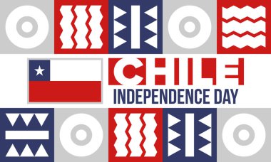Şili Bağımsızlık Günü. Mutlu bayramlar Patrias. Özgürlük günü. Yıllığı 18 Eylül 'de kutlayın. Şili bayrağı. Vatansever Şili tasarımı. Poster, kart, afiş, şablon, geçmiş. Vektör