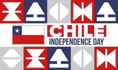 Şili Bağımsızlık Günü. Mutlu bayramlar Patrias. Özgürlük günü. Yıllığı 18 Eylül 'de kutlayın. Şili bayrağı. Vatansever Şili tasarımı. Poster, kart, afiş, şablon, geçmiş. Vektör