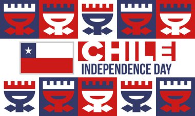 Şili Bağımsızlık Günü. Mutlu bayramlar Patrias. Özgürlük günü. Yıllığı 18 Eylül 'de kutlayın. Şili bayrağı. Vatansever Şili tasarımı. Poster, kart, afiş, şablon, geçmiş. Vektör