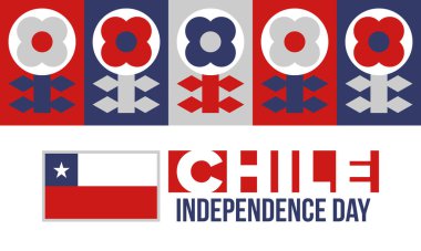 Şili Bağımsızlık Günü. Mutlu bayramlar Patrias. Özgürlük günü. Yıllığı 18 Eylül 'de kutlayın. Şili bayrağı. Vatansever Şili tasarımı. Poster, kart, afiş, şablon, geçmiş. Vektör